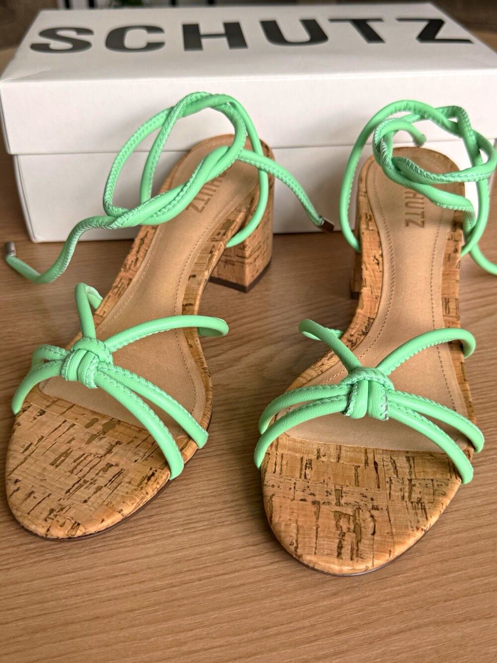 Schutz Suzy Mid Block Sandals Women’s 8.5B Green Leather Cork Strappy New Box